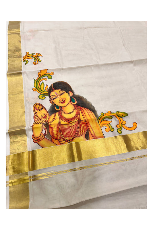 Southloom™ Premium Handloom Kerala Kasavu Saree With Hand Painted Mural Lady Design (Vishu 2024 Collection)