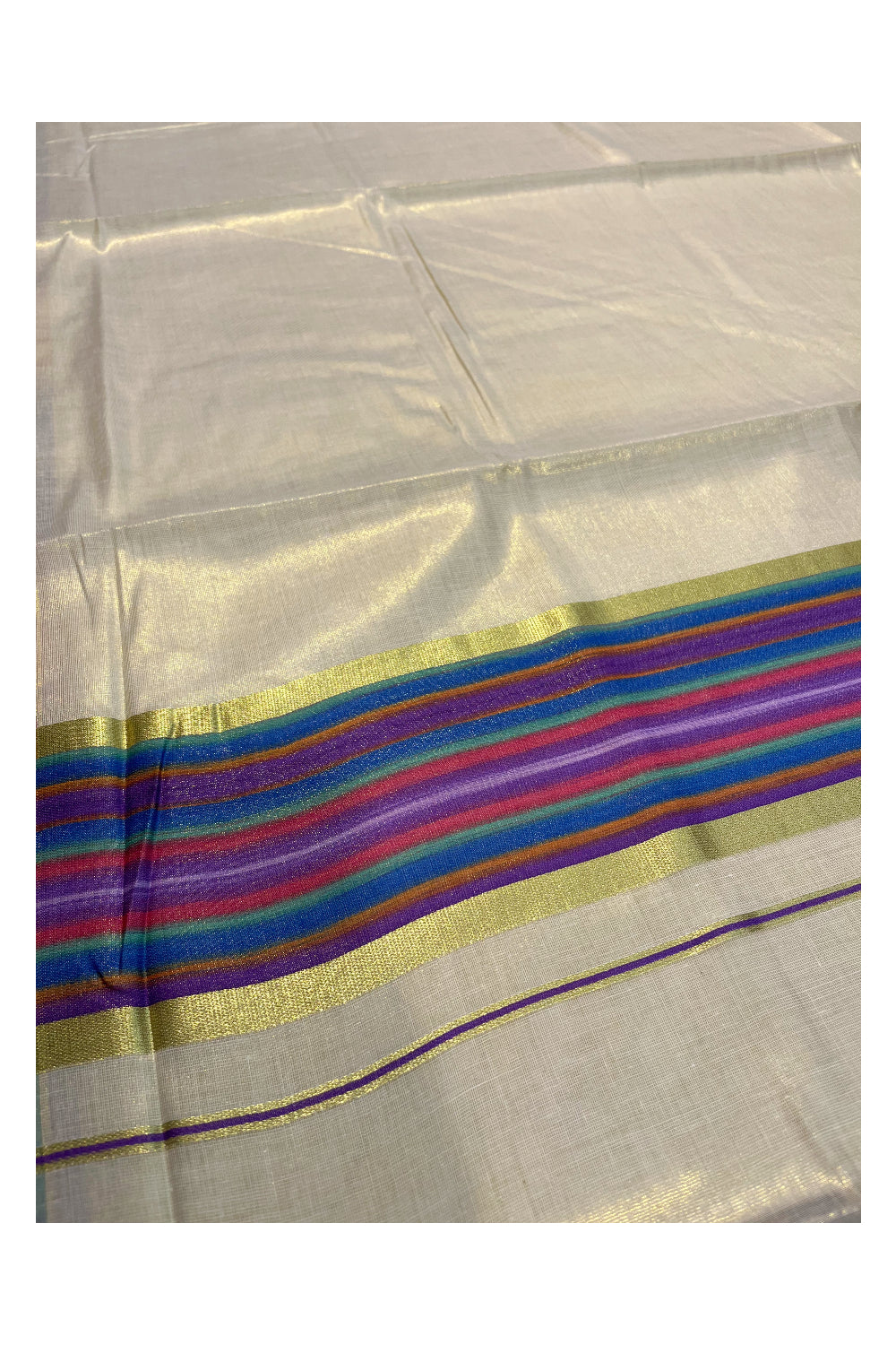 Southloom Kerala Tissue Kasavu Saree with Multi Colour Pochampally Design on Borders and Kara