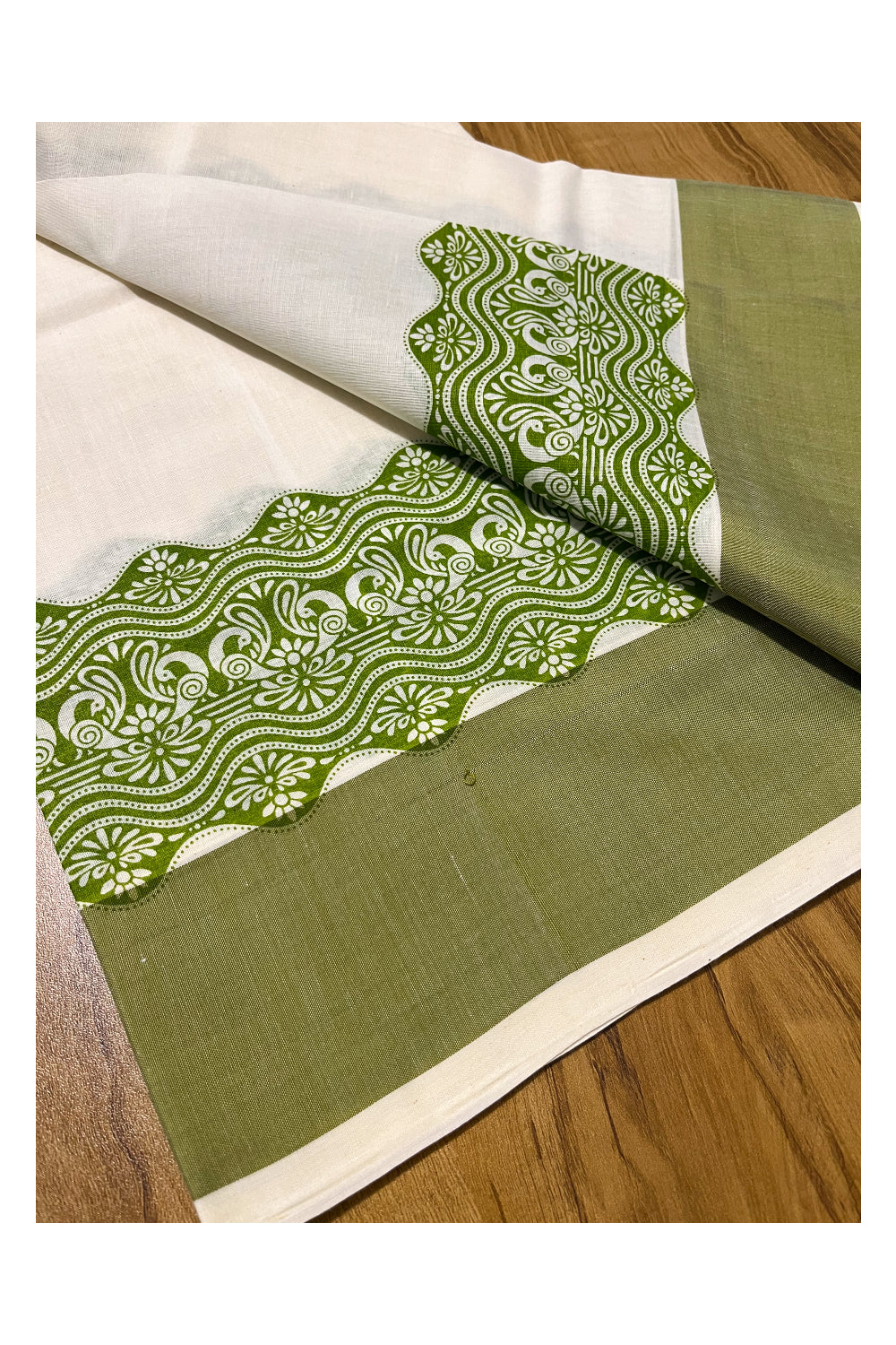 Kerala Cotton Single Set Mundu (Mundum Neriyathum) with Green Block print and Kasav Line Work Border 2.80Mtrs