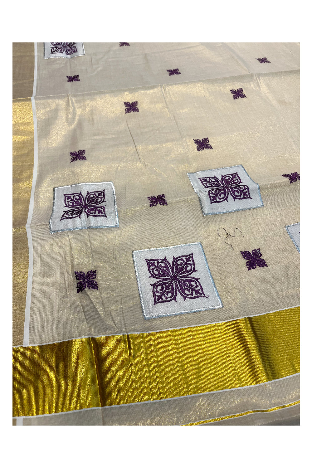 Southloom Kerala Tissue Kasavu Saree with Violet Appliq Work