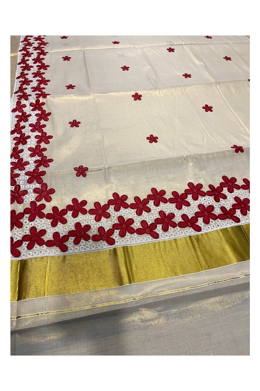 Kerala Tissue Kasavu Saree with Red Floral Embroidery Works