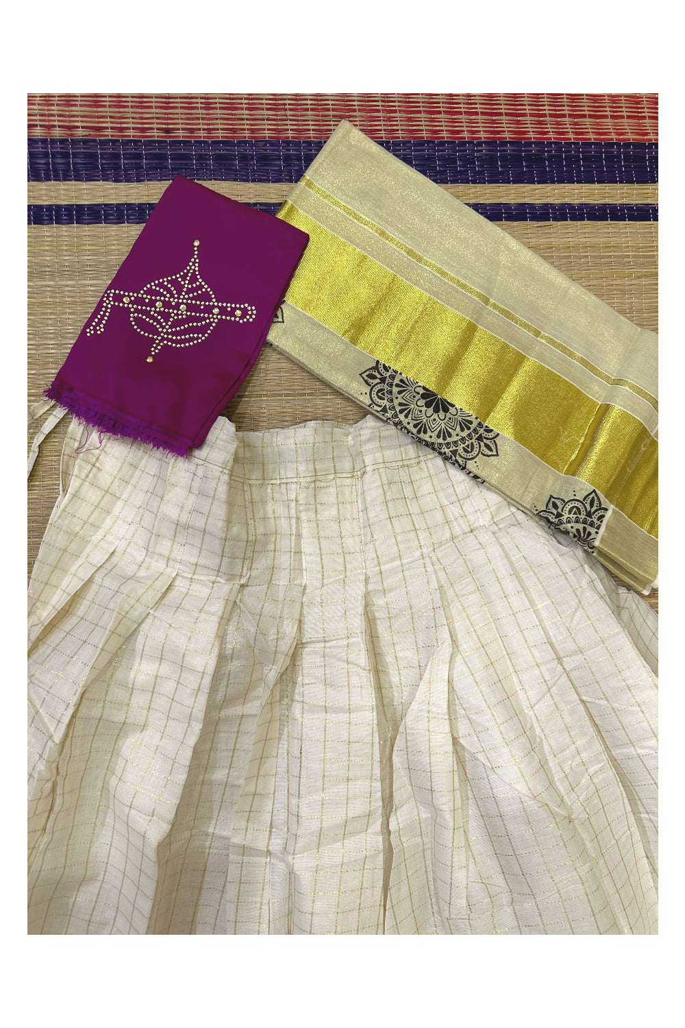 Semi Stitched Dhavani Set with Golden Check Design Pavada and Magenta Bead Work Blouse Piece