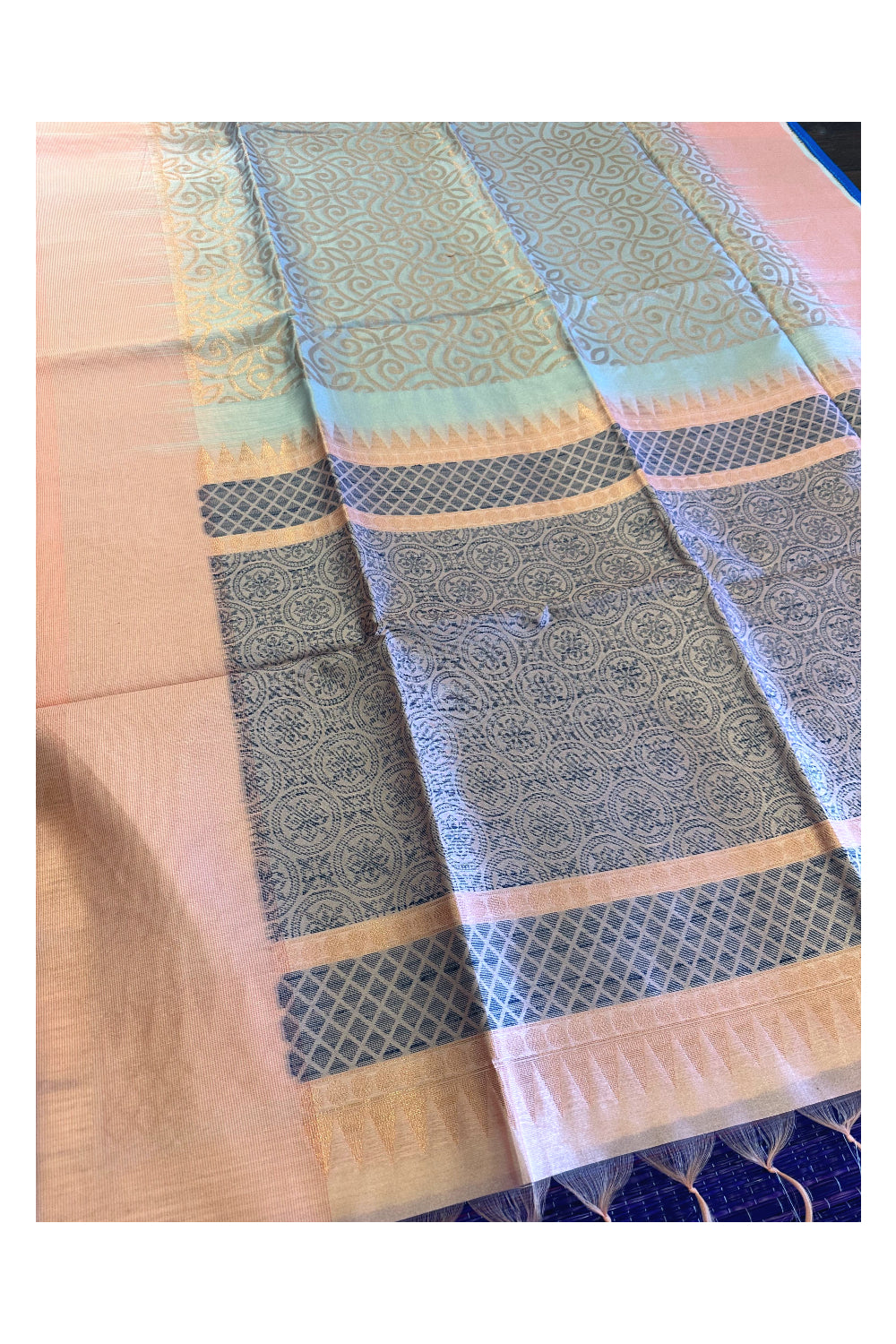 Southloom Semi Tussar Turquoise Woven Saree with Peach Border