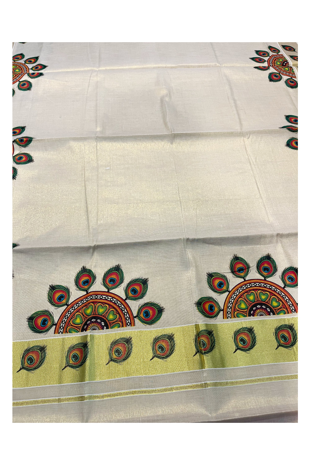 Southloom Kerala Tissue Kasavu Saree With Peacock Leaf Mural Printed