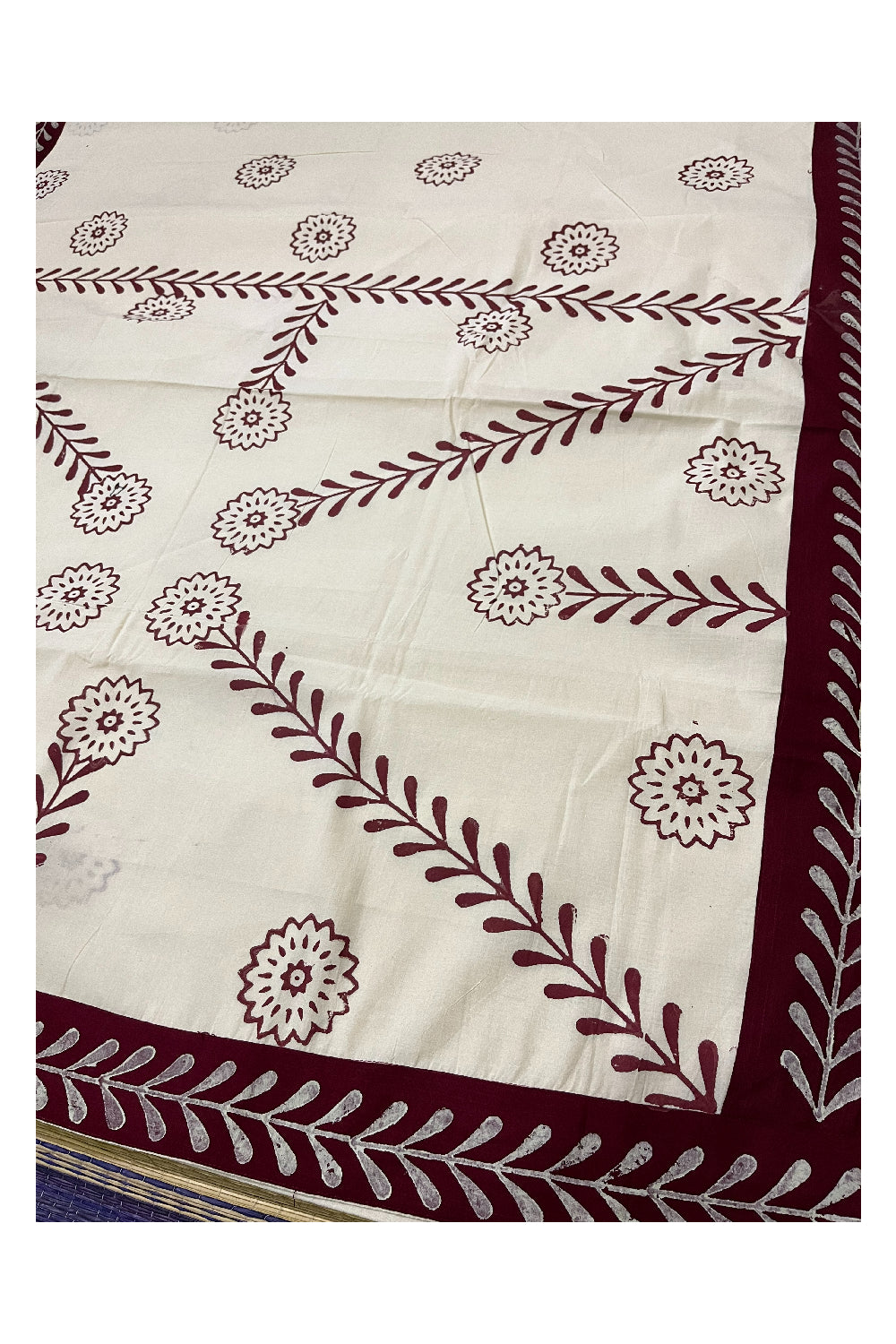 Pure Cotton Onam 2023 Kerala Saree with Hand Block Maroon Floral Batik Prints