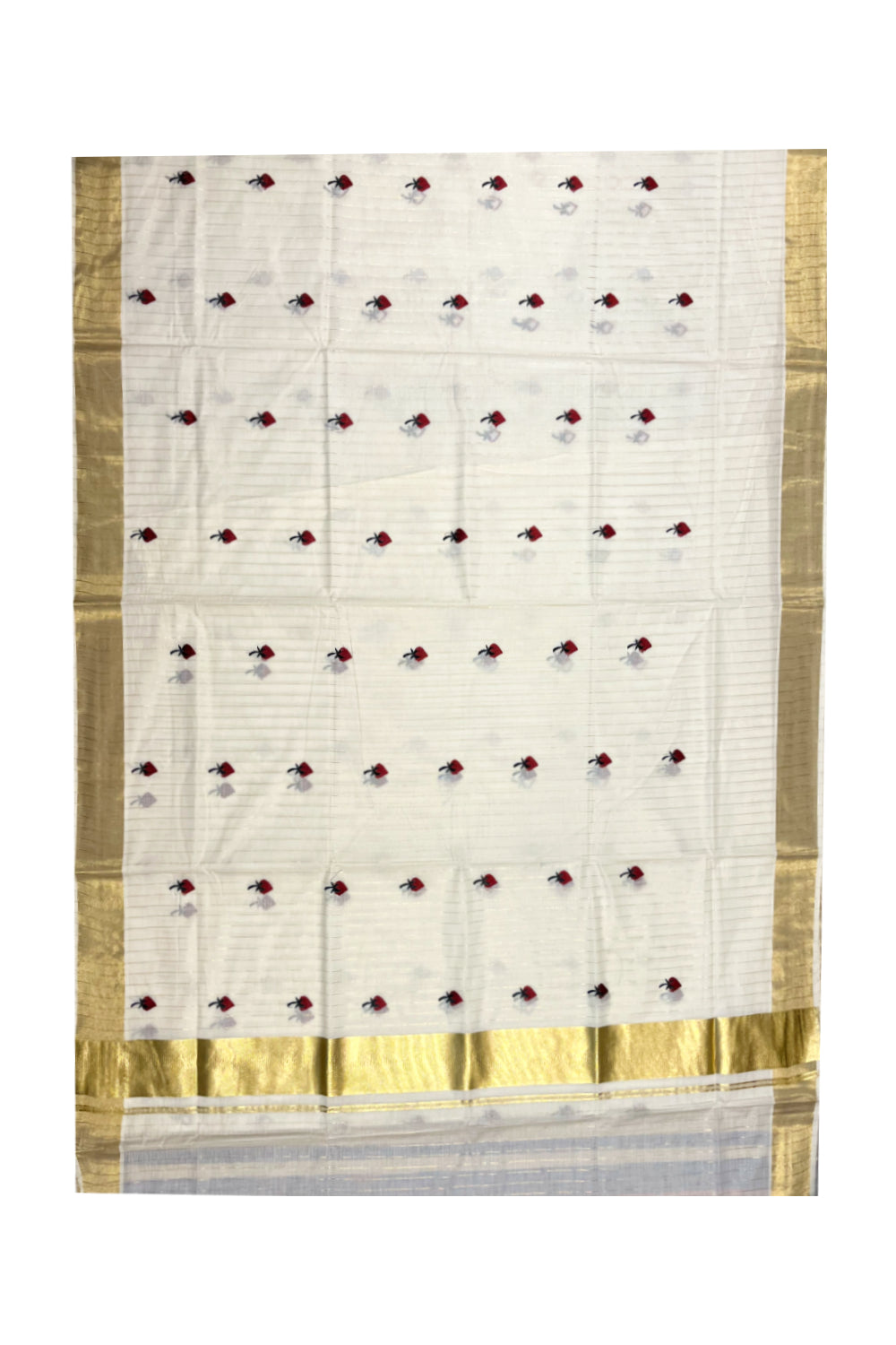 Kerala Cotton Kasavu Lines Saree with Maroon Floral Embroidery Works On Body