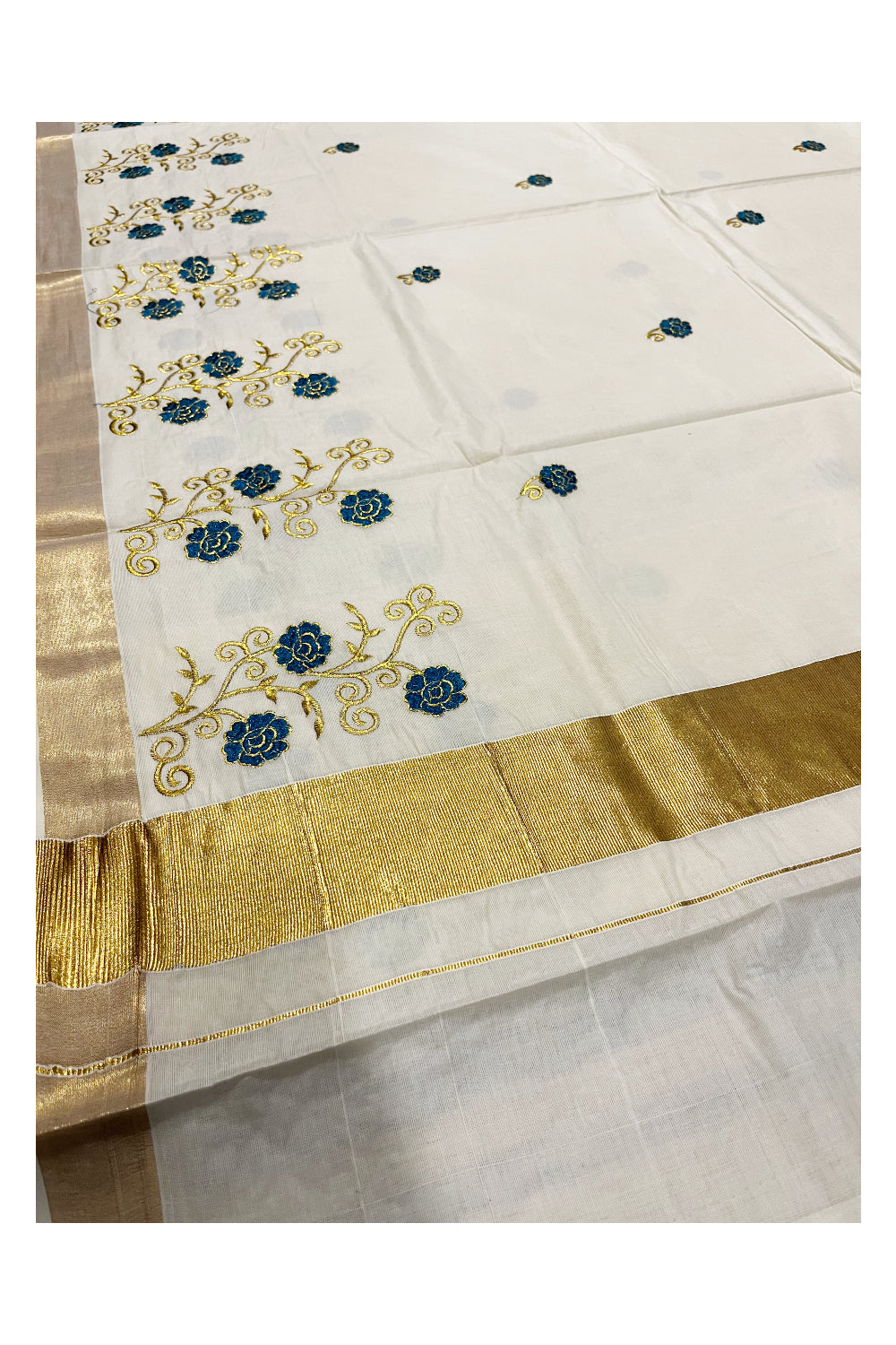 Southloom Kerala Kasavu Saree with Blue and Gold Floral Embroidery