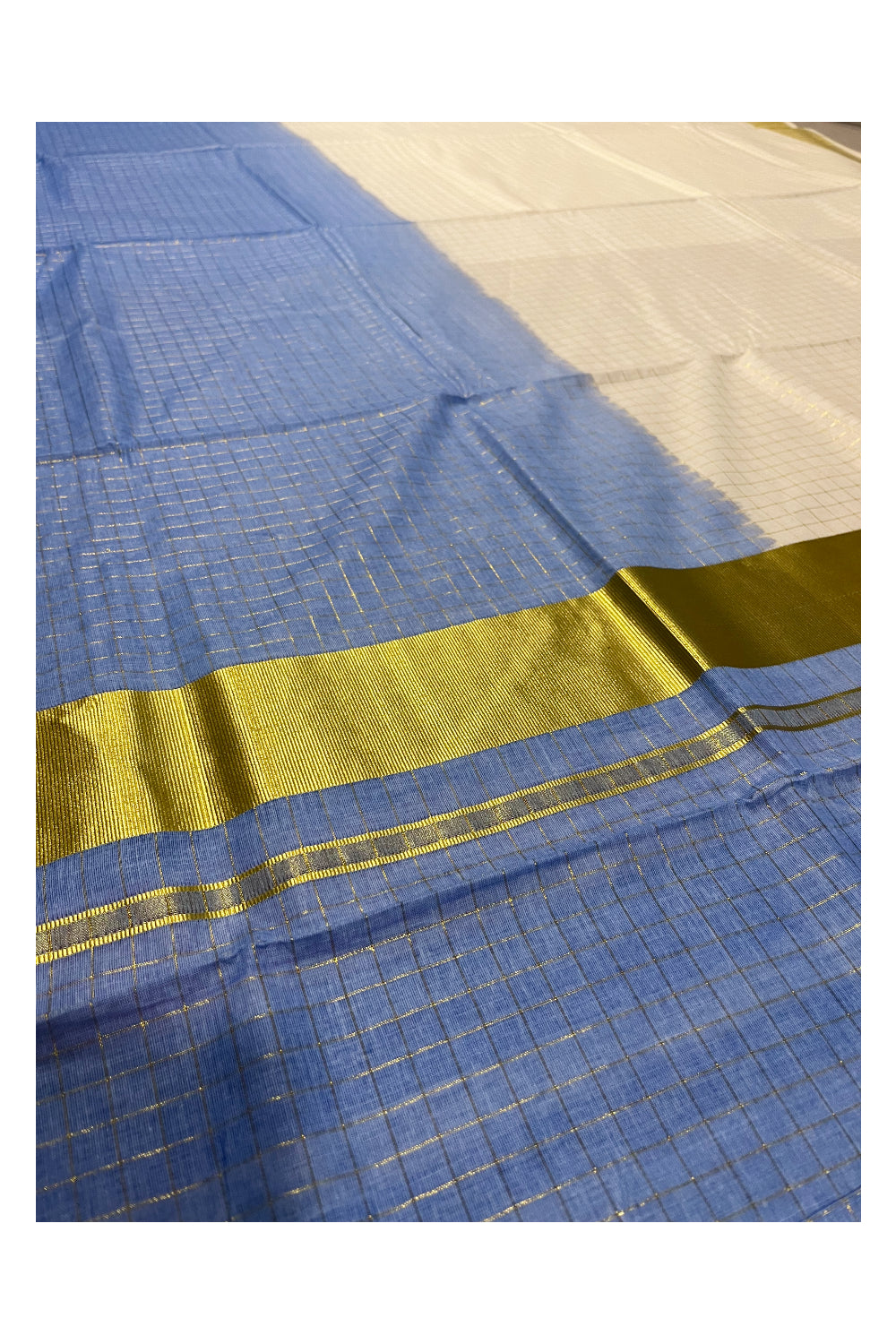 Southloom Cotton Tie & Dye - Half & Half Blue Design Saree with Kasavu Check Across Body