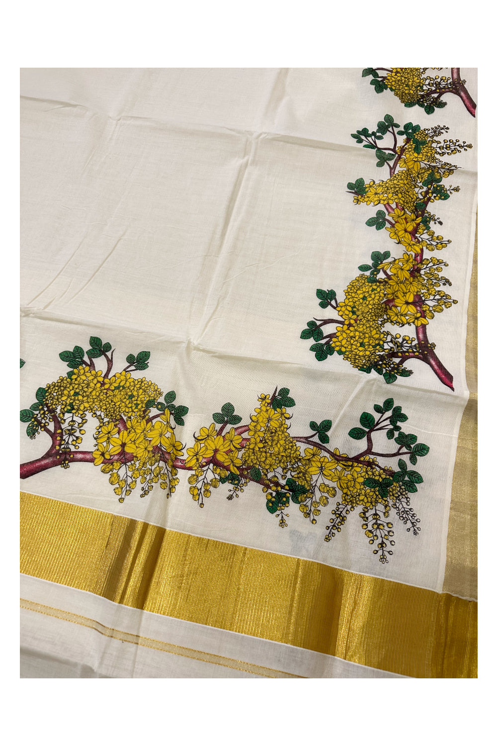 Kerala Cotton Saree with Floral Block Prints and Kasavu Border