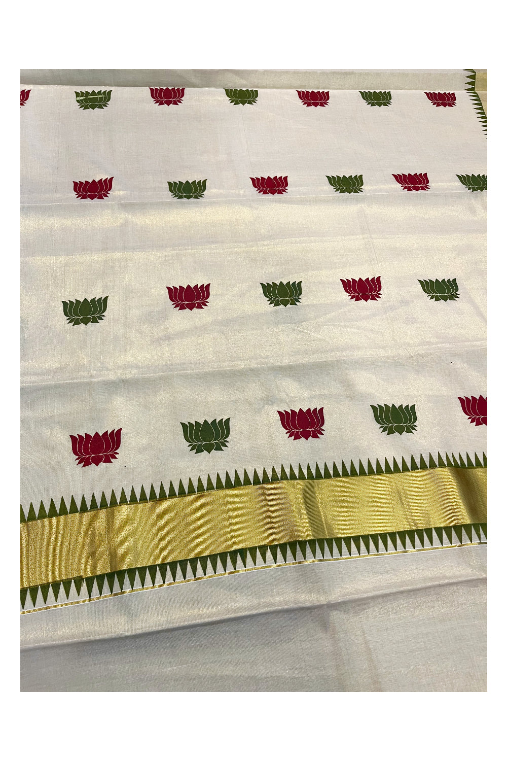 Kerala Tissue Kasavu Saree with Olive Green and Maroon Lotus Block Prints