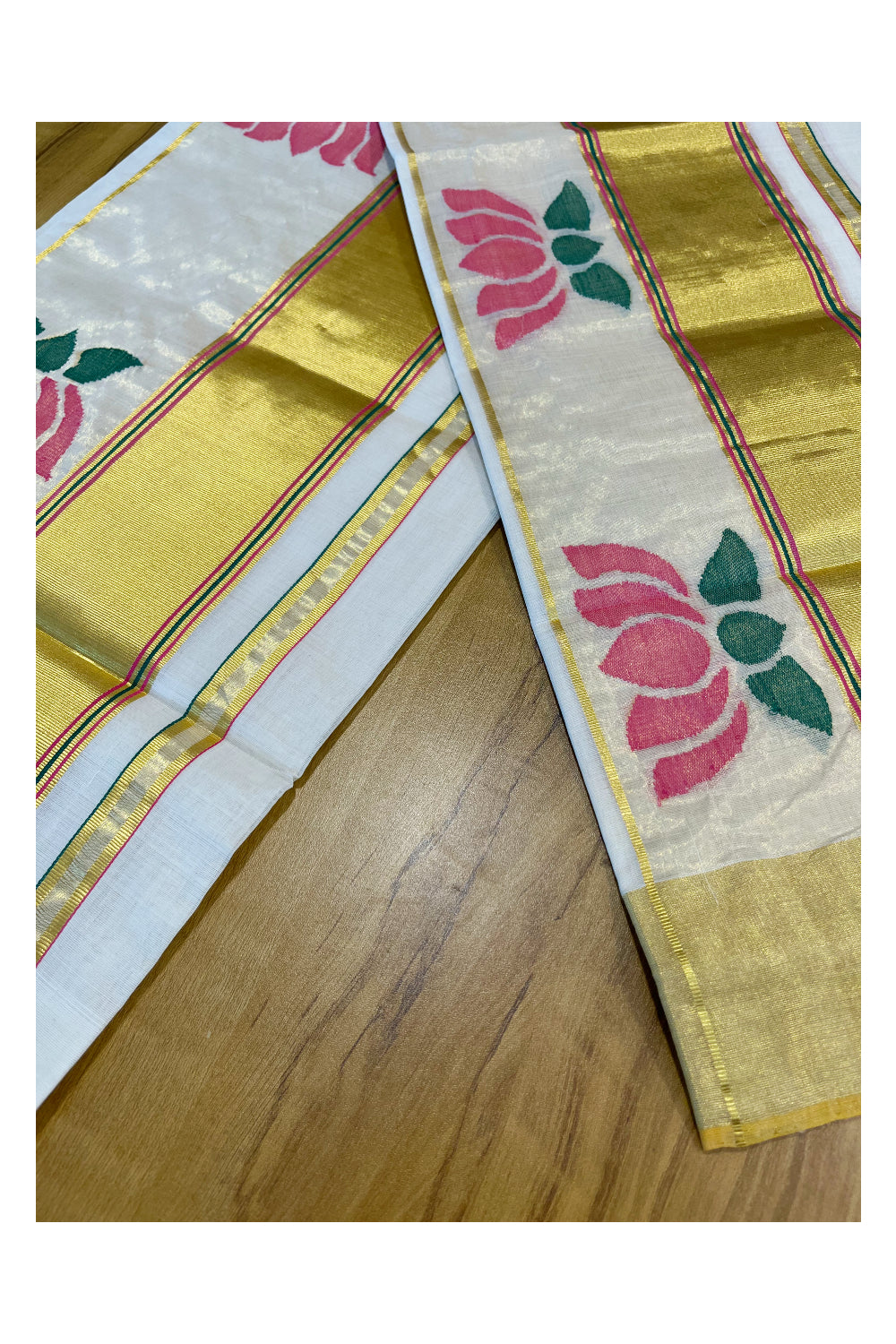 Southloom Super Premium Balaramapuram Handloom Pure Cotton Unakkupaavu Pink Lotus Design Wedding Pudava Set Mundu