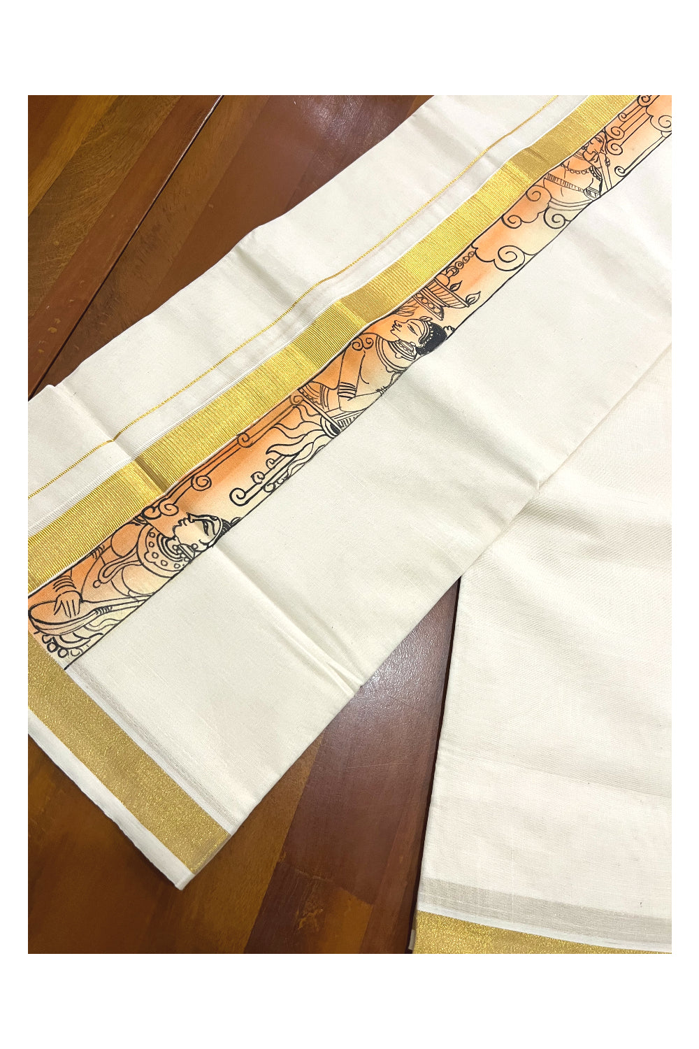 Pure Cotton Kasavu Mundu with Mural Hand Painted Border (Onam Mundu 2023)