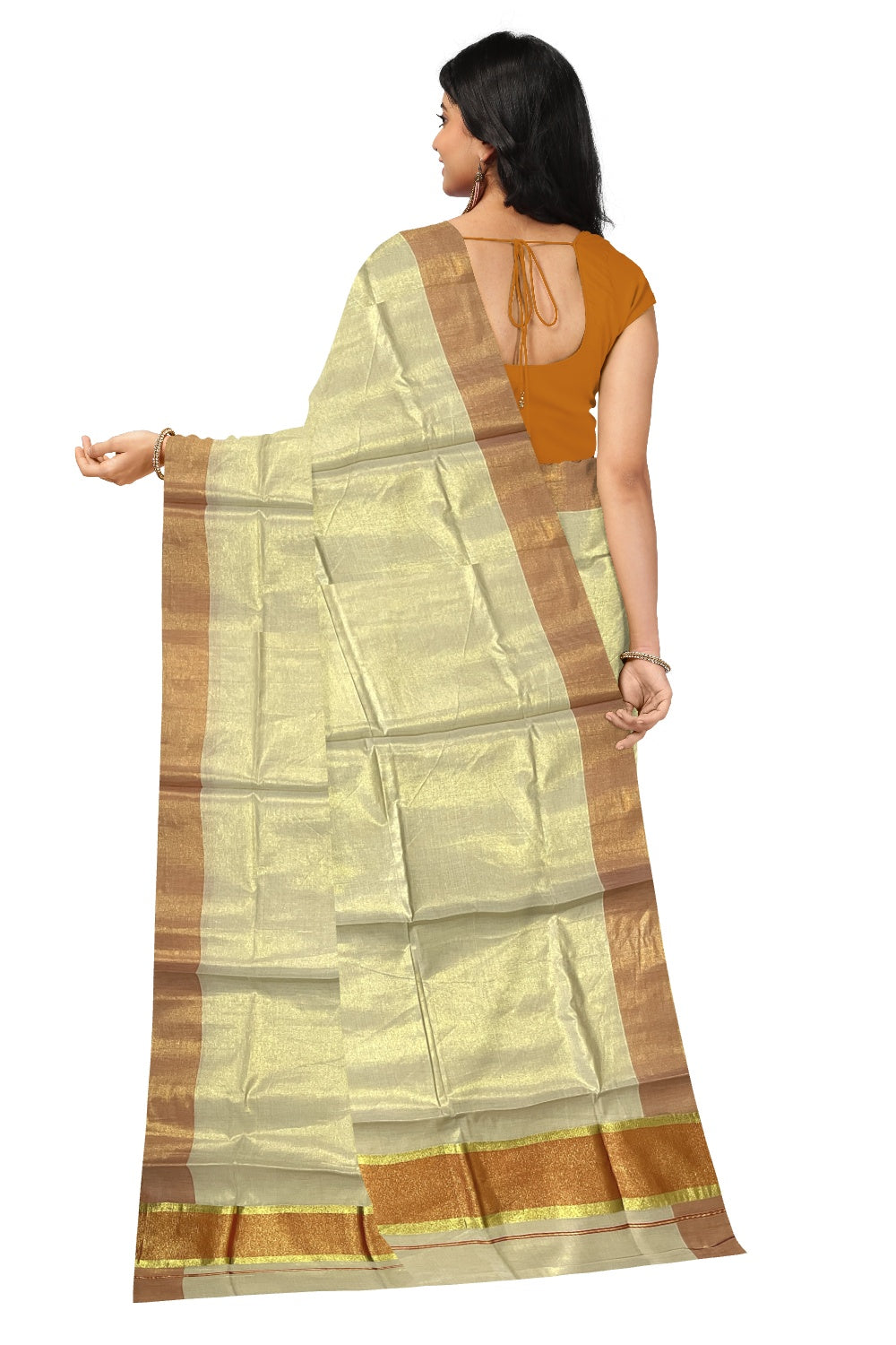 Kerala Tissue Kasavu Plain Saree with Orange and Kasavu Border