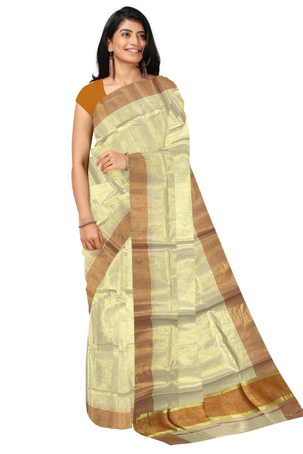 Kerala Tissue Kasavu Plain Saree with Orange and Kasavu Border