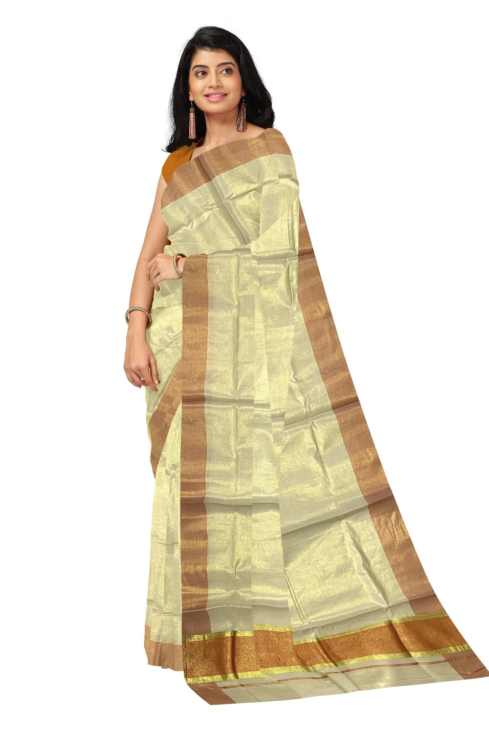 Kerala Tissue Kasavu Plain Saree with Orange and Kasavu Border