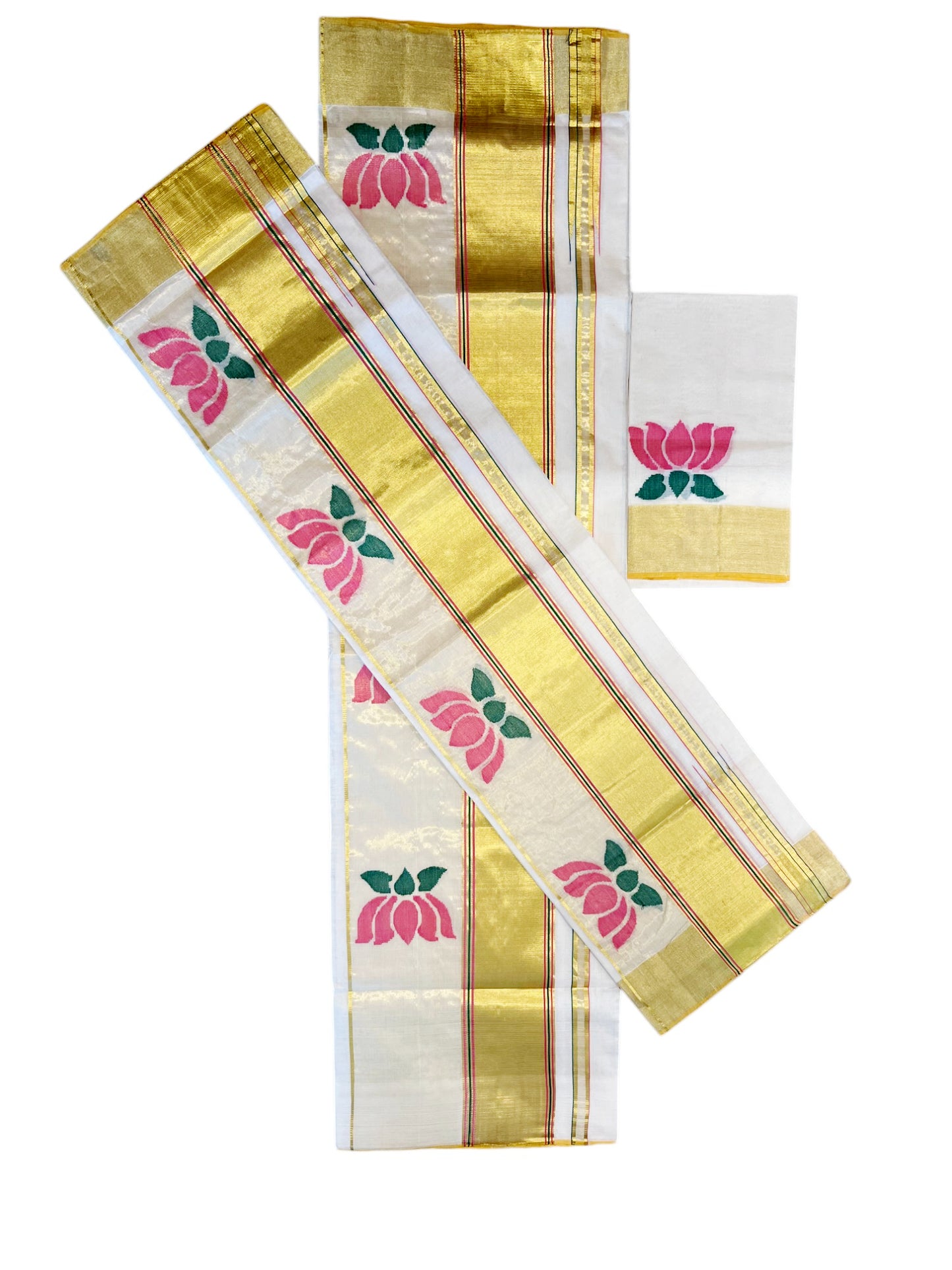 Southloom Super Premium Balaramapuram Handloom Pure Cotton Unakkupaavu Pink Lotus Design Wedding Pudava Set Mundu