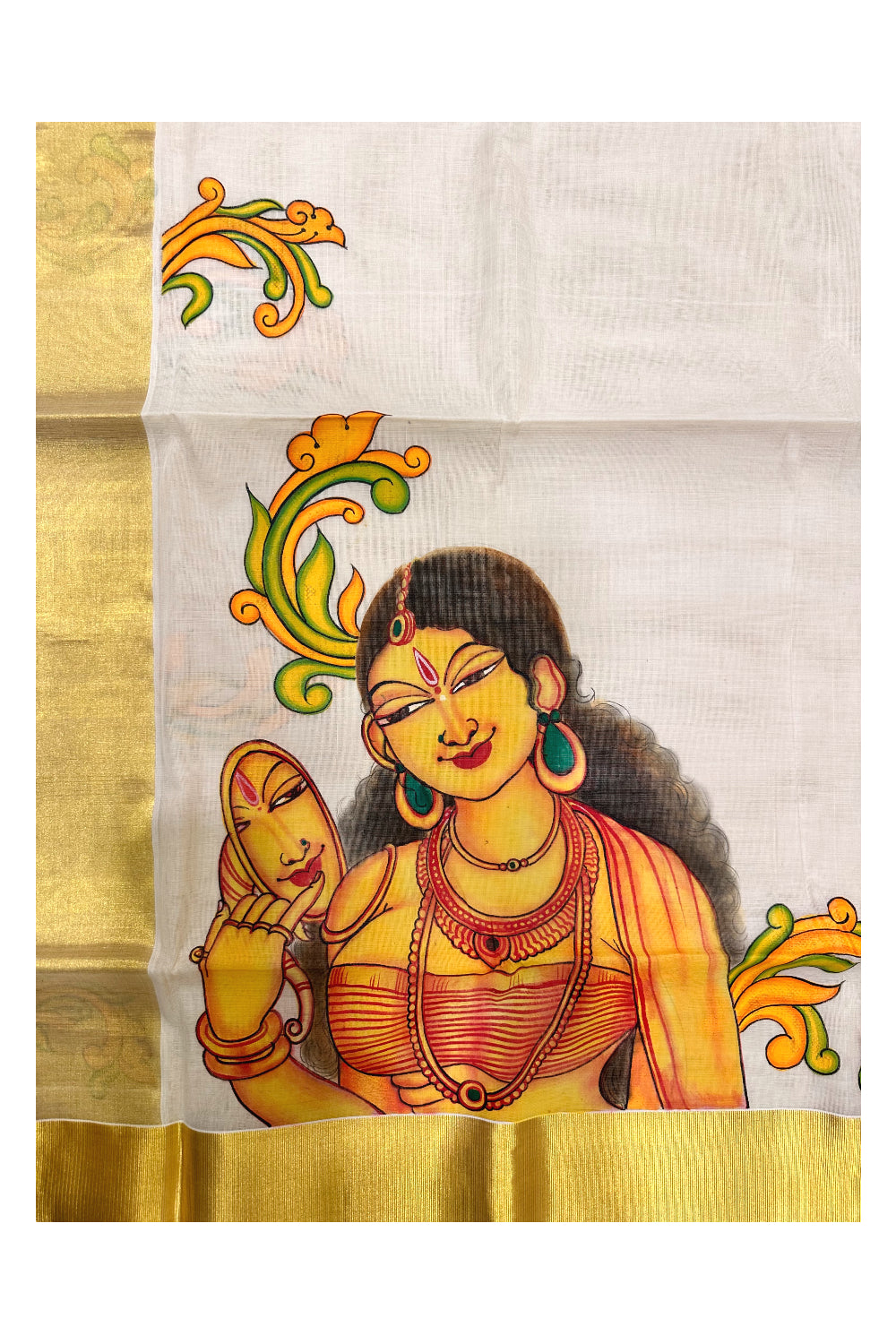 Southloom™ Premium Handloom Kerala Kasavu Saree With Hand Painted Mural Lady Design (Vishu 2024 Collection)