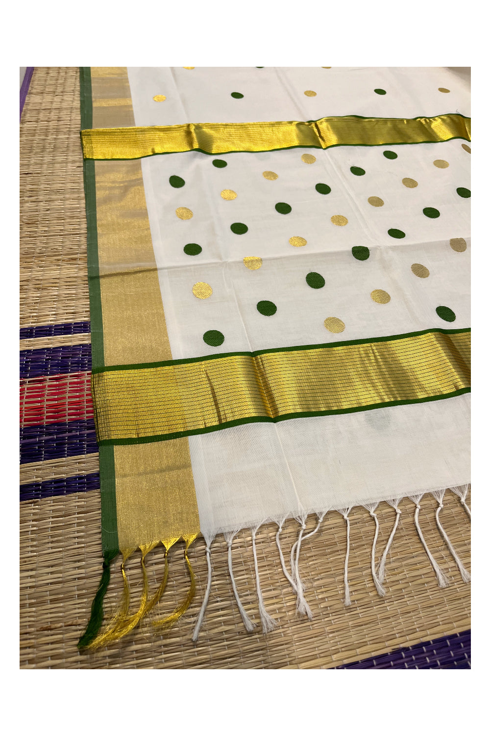 Southloom Premium Handloom Kasavu Saree with Green and Golden Polka Woven Designs Across Body