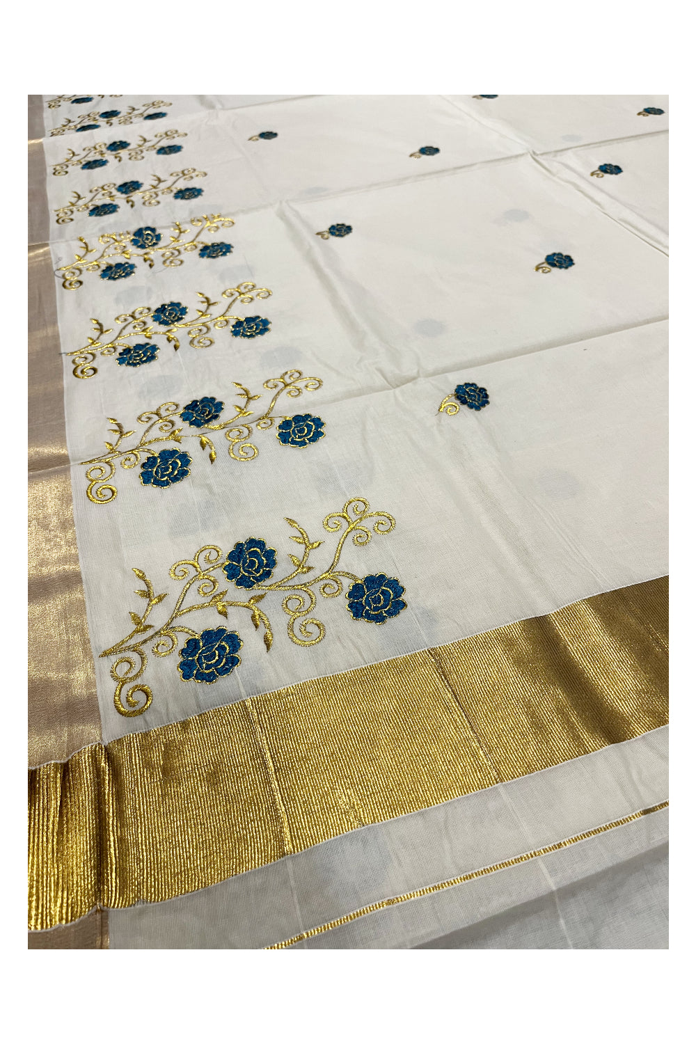 Southloom Kerala Kasavu Saree with Blue and Gold Floral Embroidery