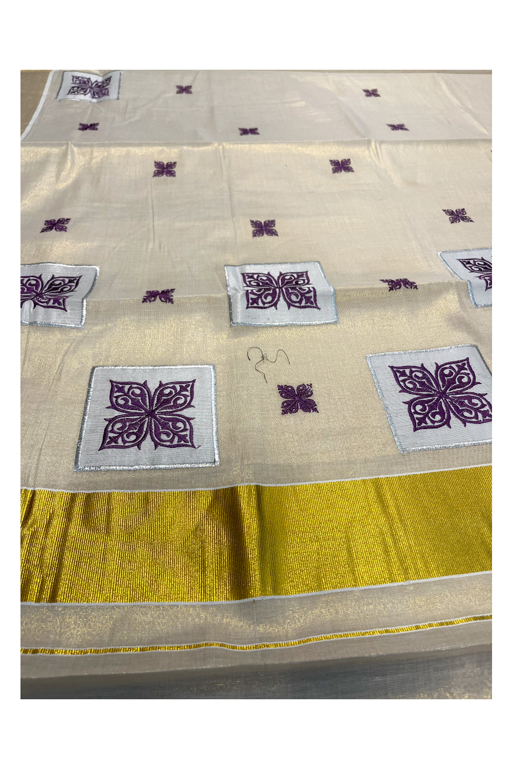 Southloom Kerala Tissue Kasavu Saree with Violet Appliq Work