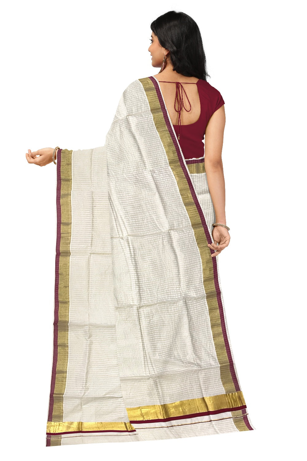 Pure Cotton Kerala Kasavu Lines Design Saree with Maroon Border and Tassels Work (Onam Saree 2023)