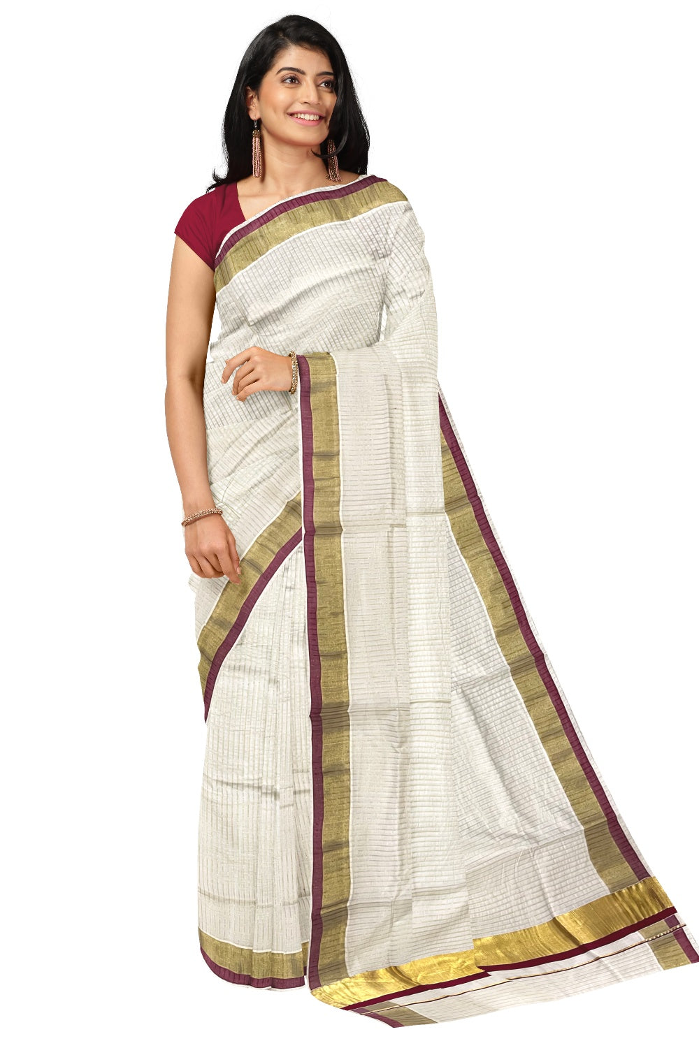 Pure Cotton Kerala Kasavu Lines Design Saree with Maroon Border and Tassels Work (Onam Saree 2023)