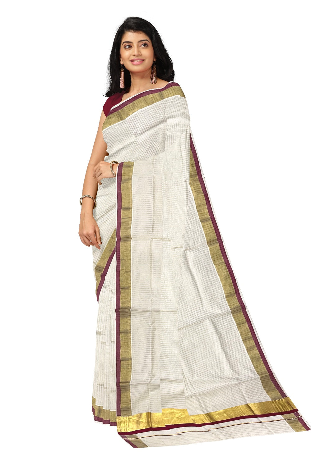 Pure Cotton Kerala Kasavu Lines Design Saree with Maroon Border and Tassels Work (Onam Saree 2023)