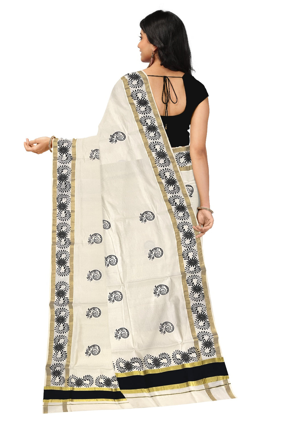 Pure Cotton Kerala Saree with Black Floral Block Printed Kasavu Border