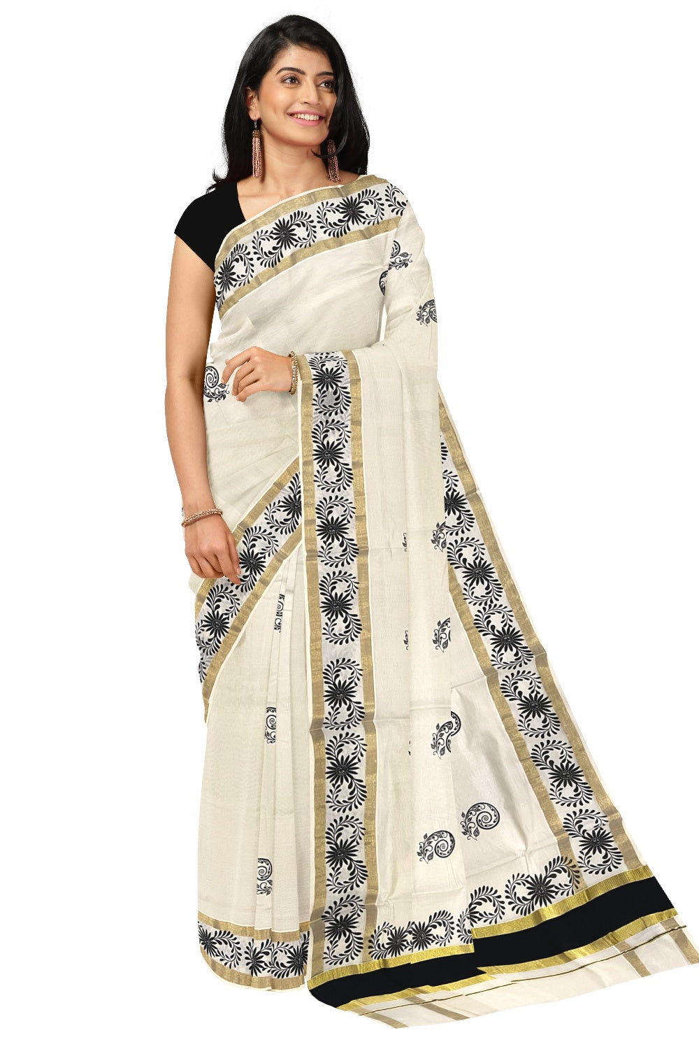 Pure Cotton Kerala Saree with Black Floral Block Printed Kasavu Border