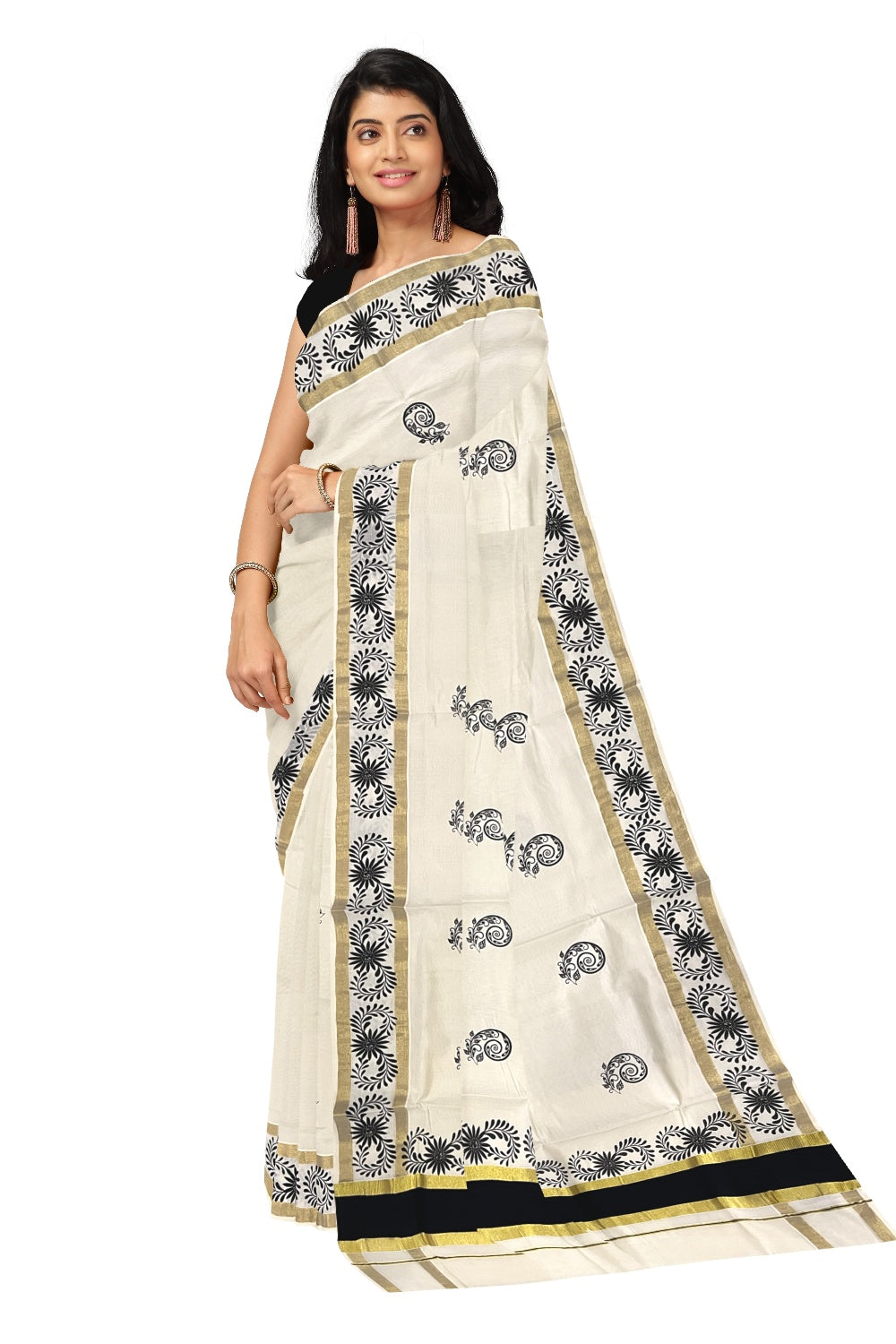 Pure Cotton Kerala Saree with Black Floral Block Printed Kasavu Border