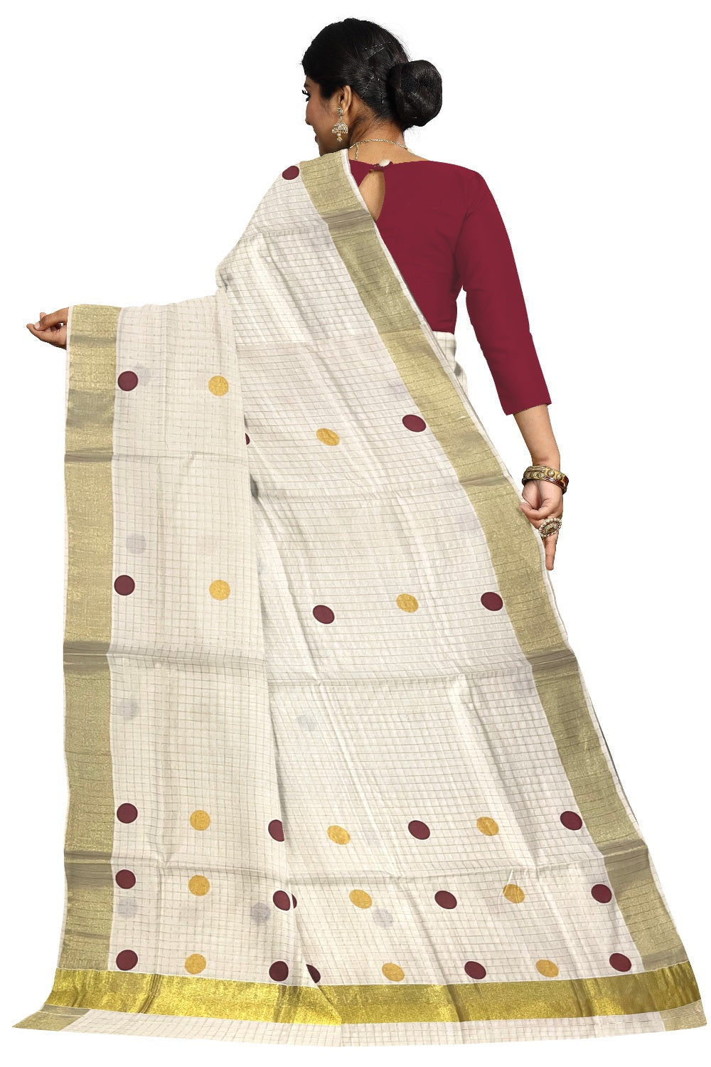 Southloom Micro Check Kasavu Saree with Maroon and Golden Polka Dot Prints Across Body (Onam Saree 2023)