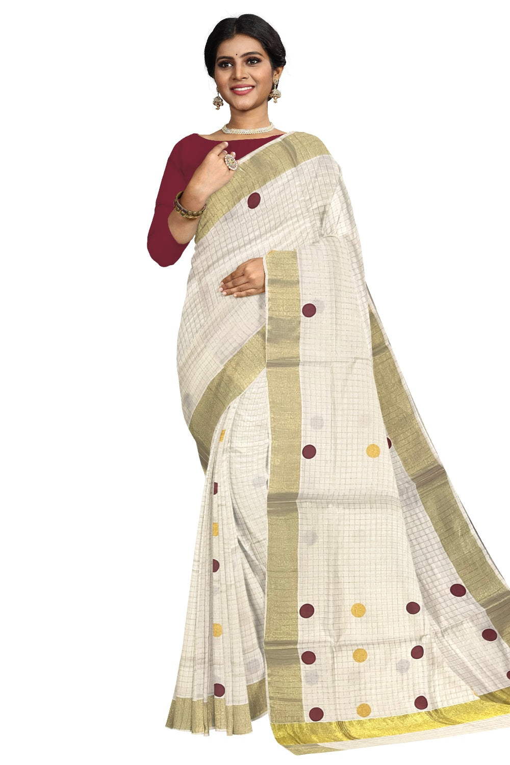 Southloom Micro Check Kasavu Saree with Maroon and Golden Polka Dot Prints Across Body (Onam Saree 2023)