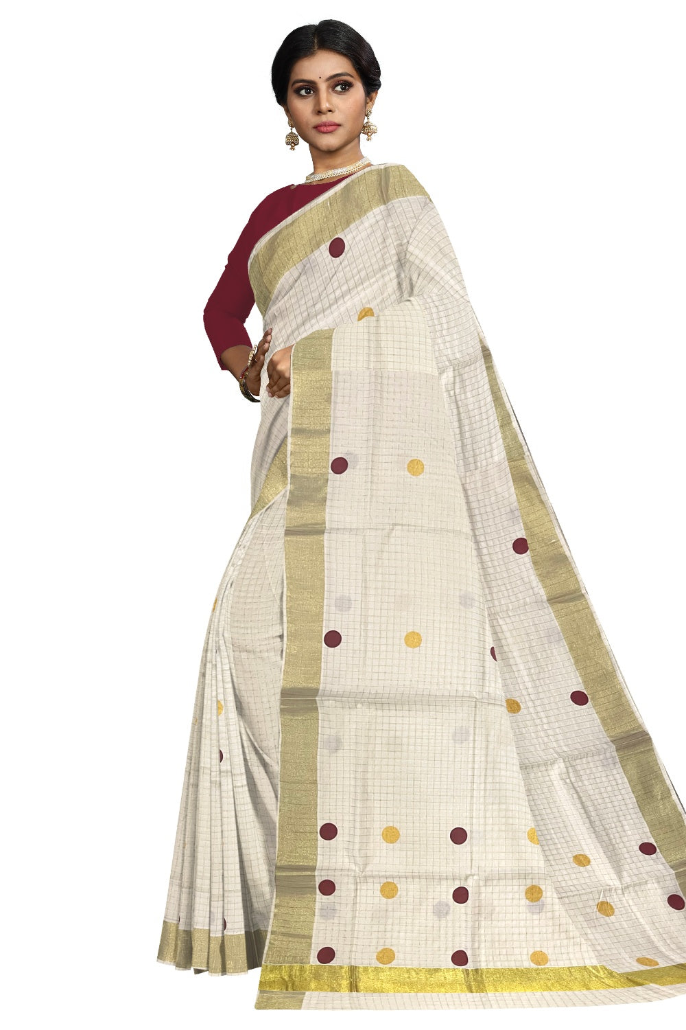 Southloom Micro Check Kasavu Saree with Maroon and Golden Polka Dot Prints Across Body (Onam Saree 2023)