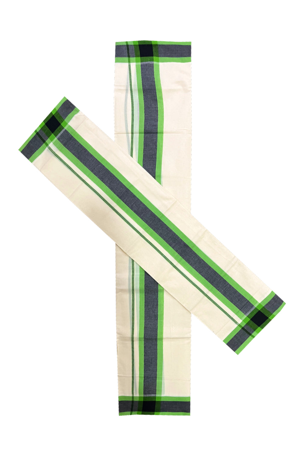 Pure Cotton Mundum Neriyathum Double (Set Mundu) with Green and Black Border