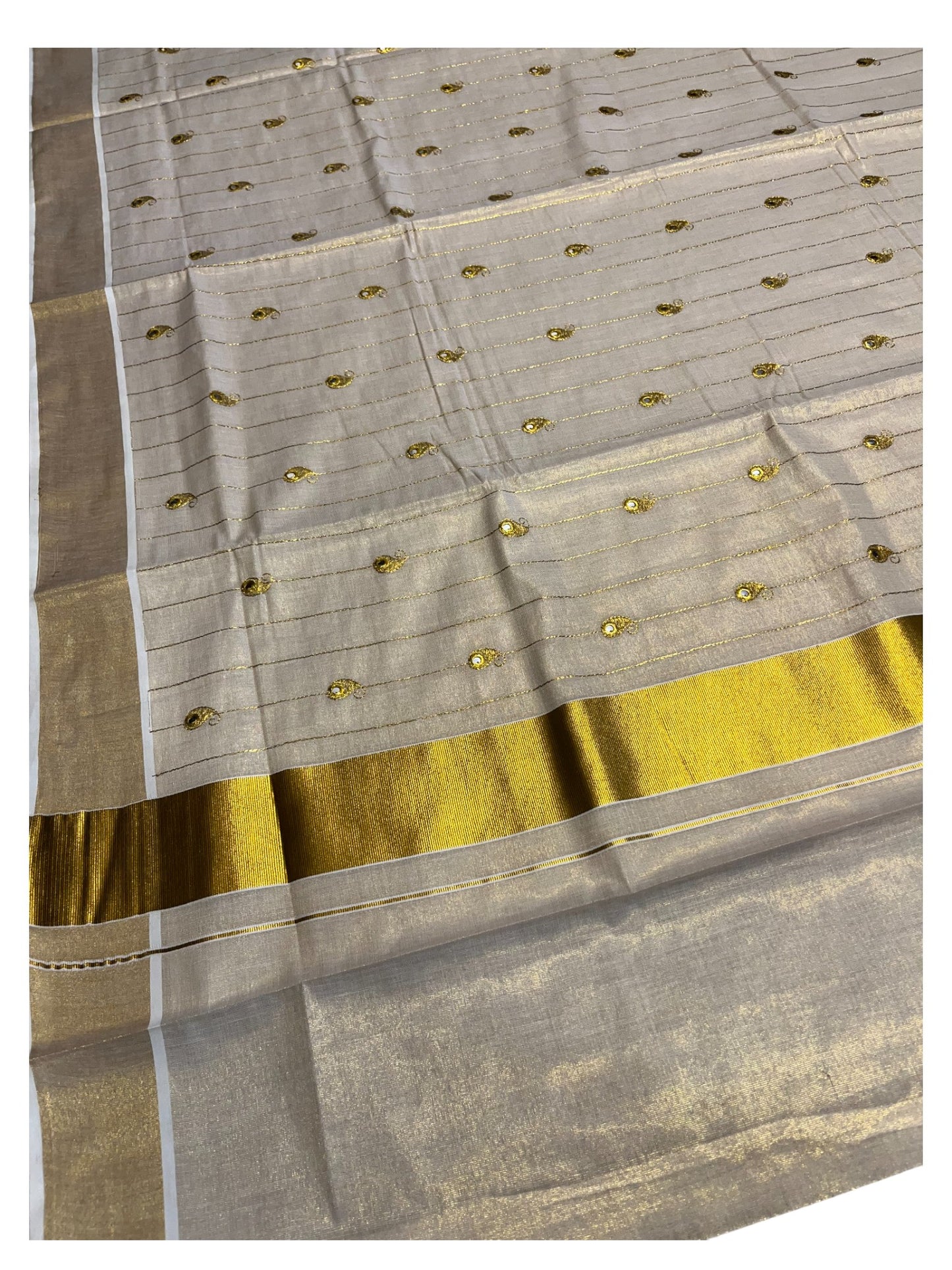 Kerala Tissue Kasavu  Saree with Golden  Embroidery Works