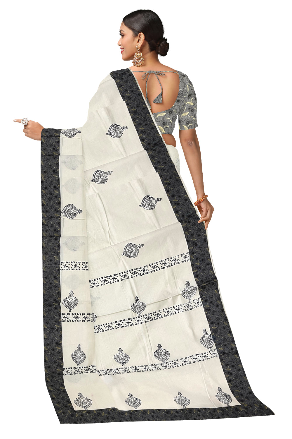 Pure Cotton Kerala Saree with Hand Block Grey Batik Prints on Border