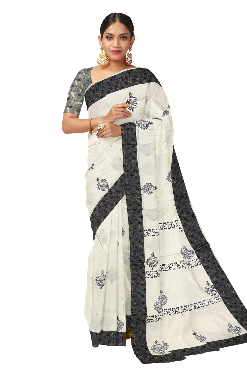 Pure Cotton Kerala Saree with Hand Block Grey Batik Prints on Border