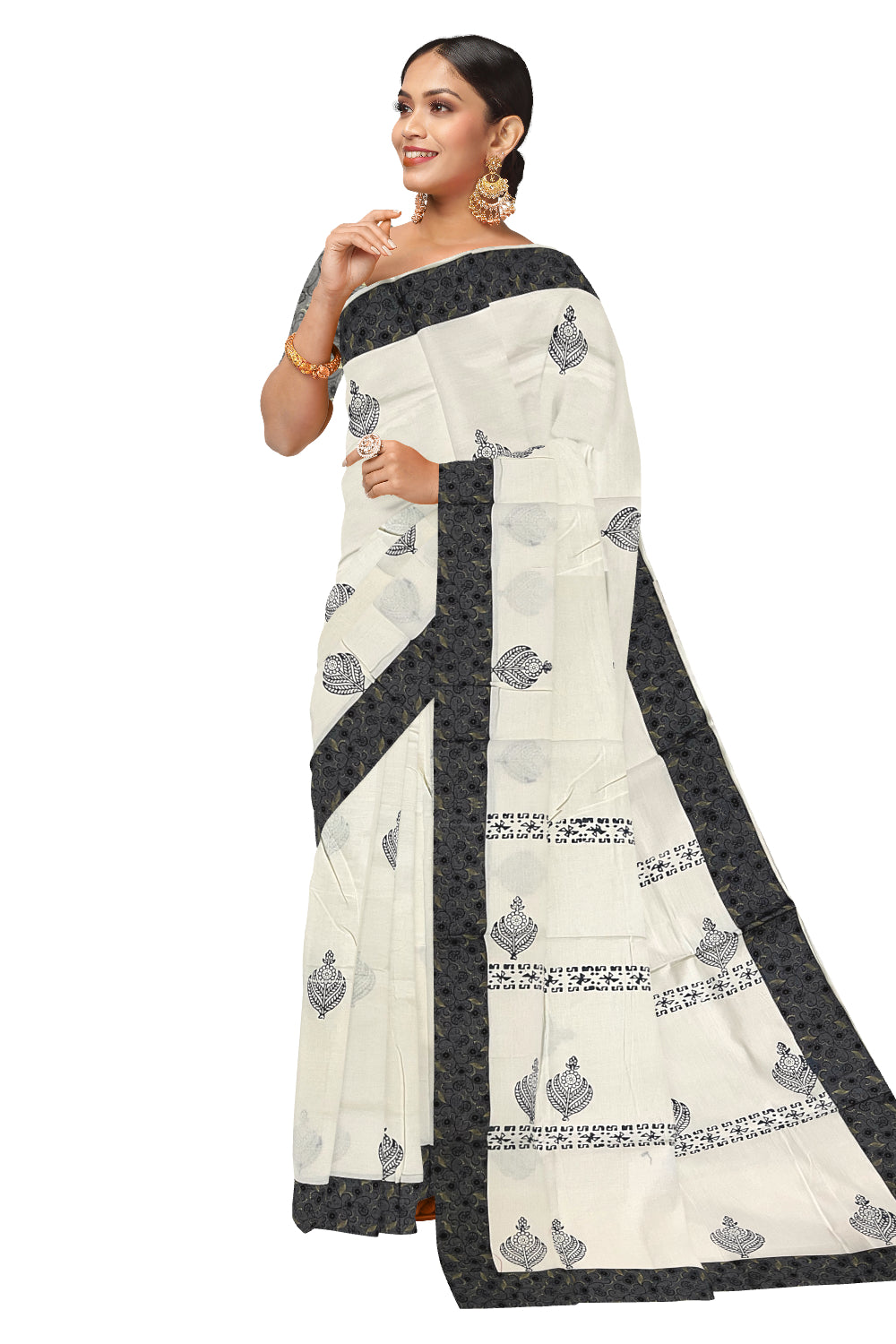 Pure Cotton Kerala Saree with Hand Block Grey Batik Prints on Border