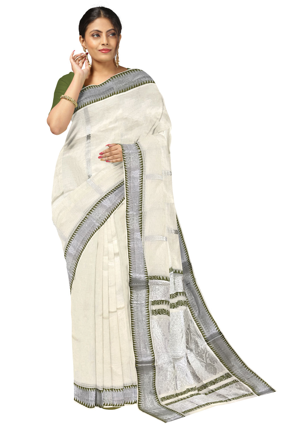 Kerala Silver Kasavu Heavy Woven Work Cotton Saree with Green Temple Border