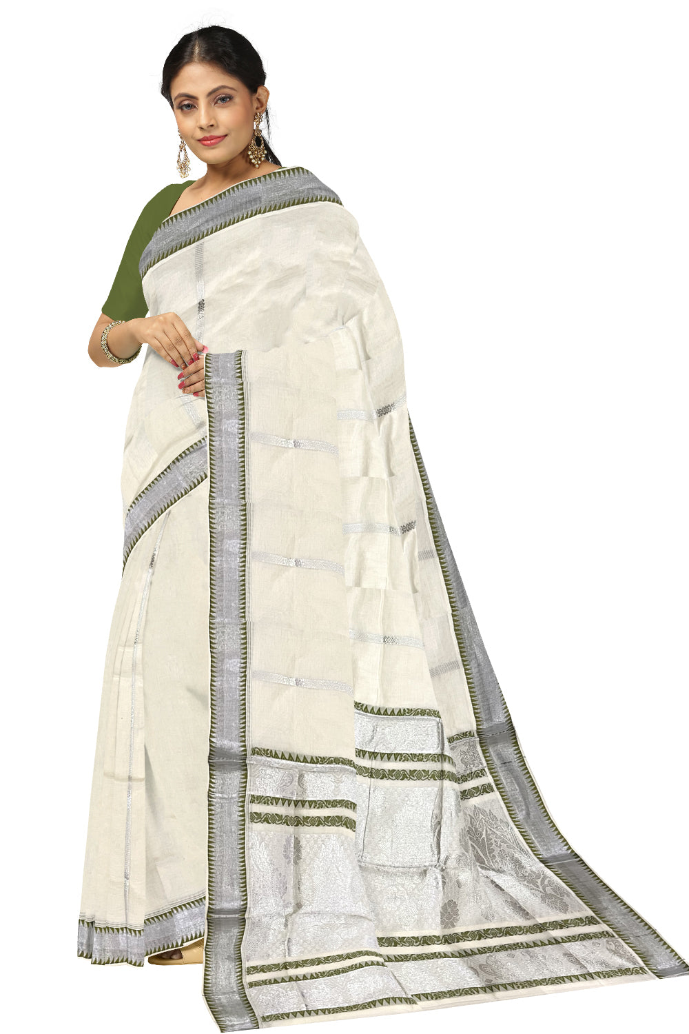 Kerala Silver Kasavu Heavy Woven Work Cotton Saree with Green Temple Border