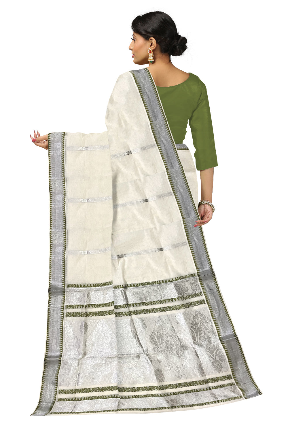 Kerala Silver Kasavu Heavy Woven Work Cotton Saree with Green Temple Border