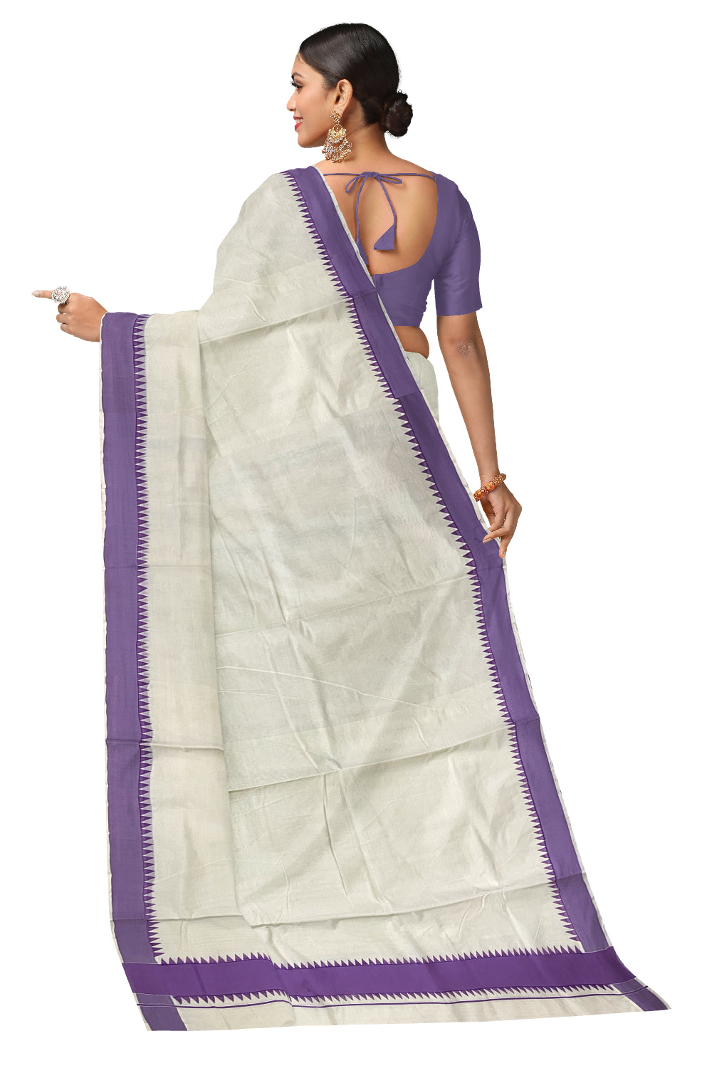 Kerala Pure Cotton Saree with Violet Temple Block Prints on Border