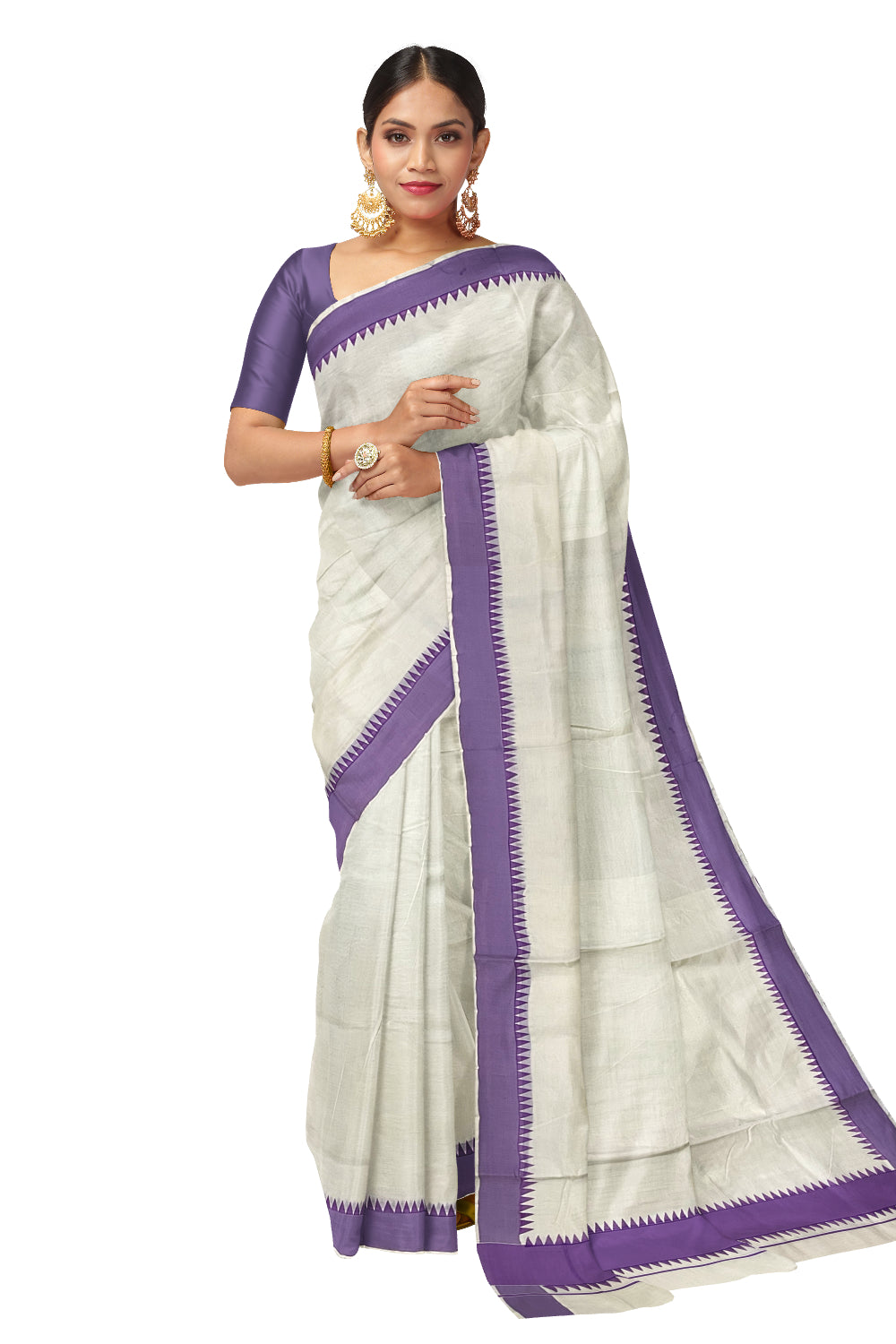 Kerala Pure Cotton Saree with Violet Temple Block Prints on Border