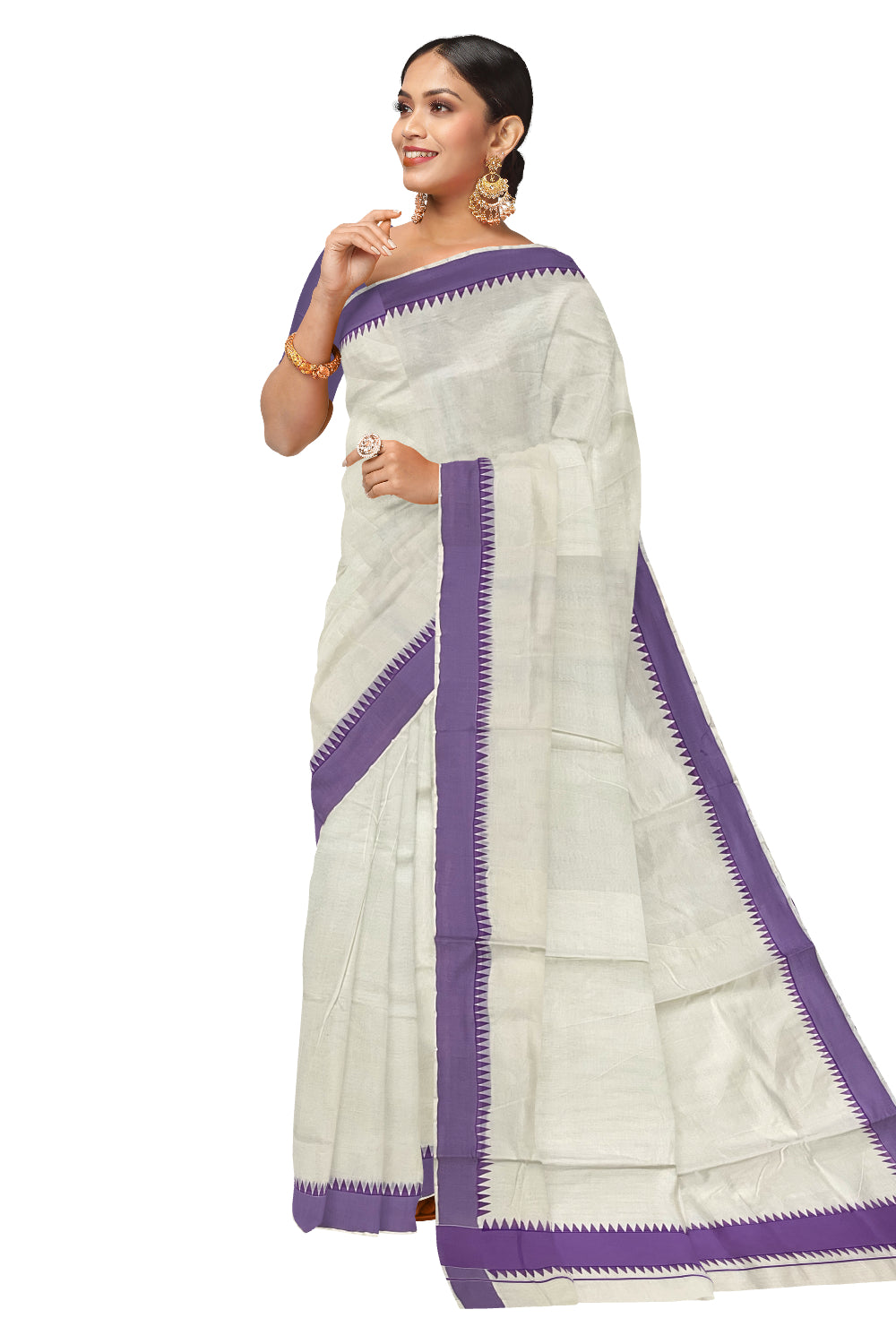 Kerala Pure Cotton Saree with Violet Temple Block Prints on Border