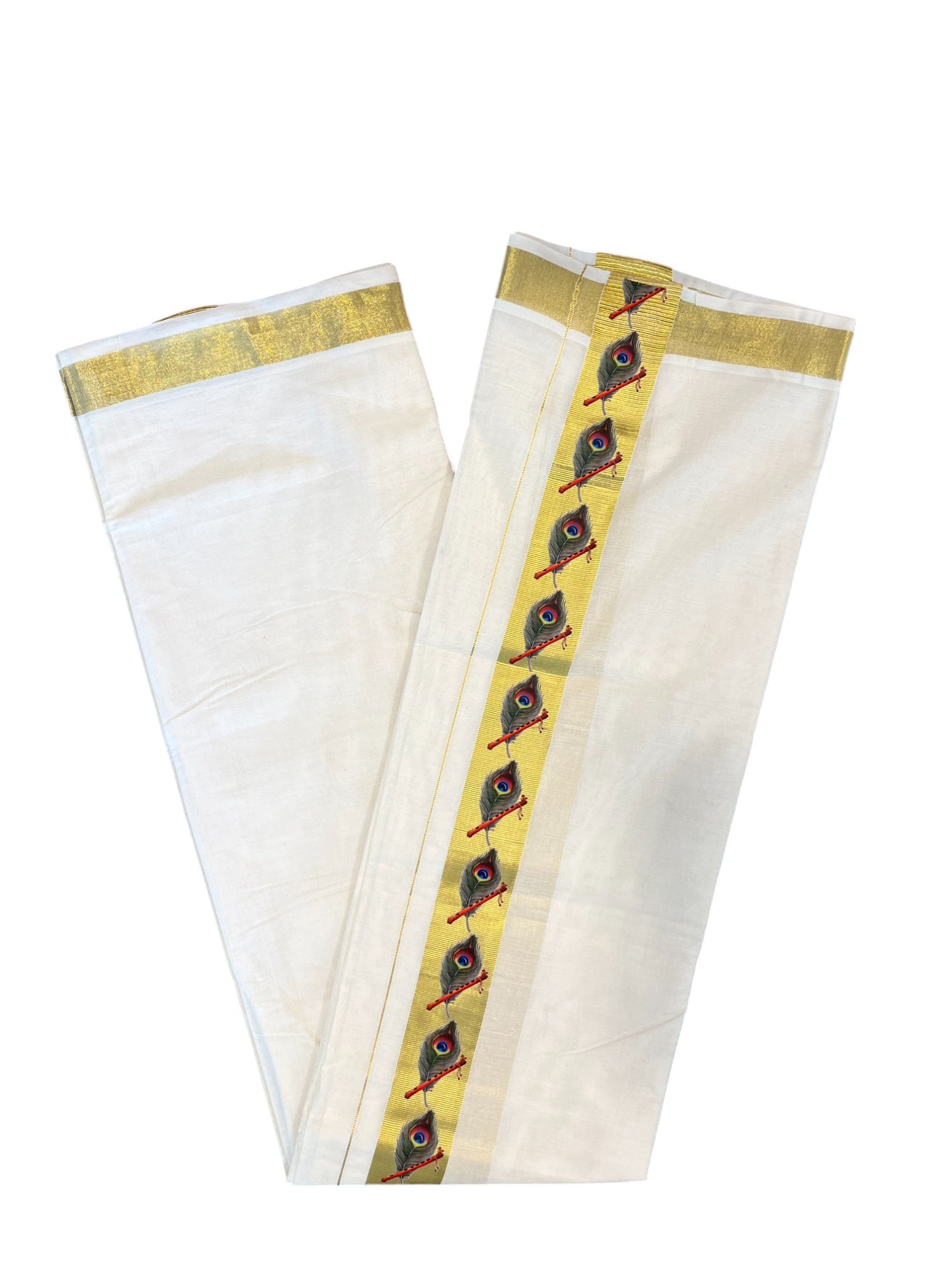 Kerala Pure Cotton Double Mundu with Feather and Flute Hand Painted Designs on Kasavu Border(South Indian Kerala Dhoti)