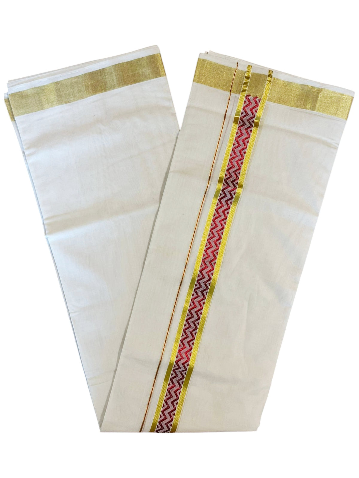 Southloom Premium Handloom Pure Cotton Mundu with Red and Kasavu Woven Border