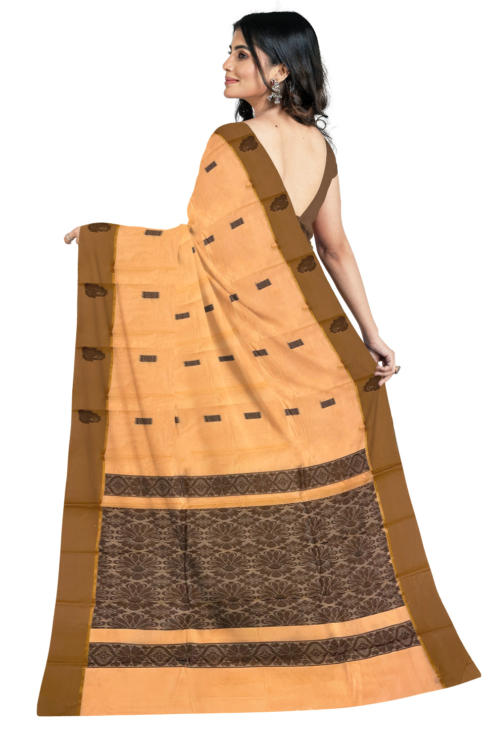 Southloom Cotton Orange Saree with Woven Works on Body and Brown Border