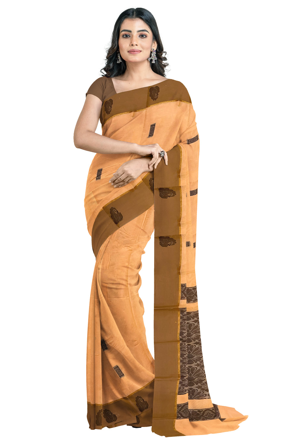 Southloom Cotton Orange Saree with Woven Works on Body and Brown Border