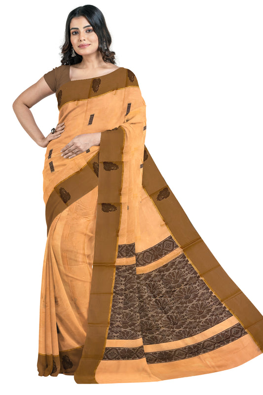 Southloom Cotton Orange Saree with Woven Works on Body and Brown Border