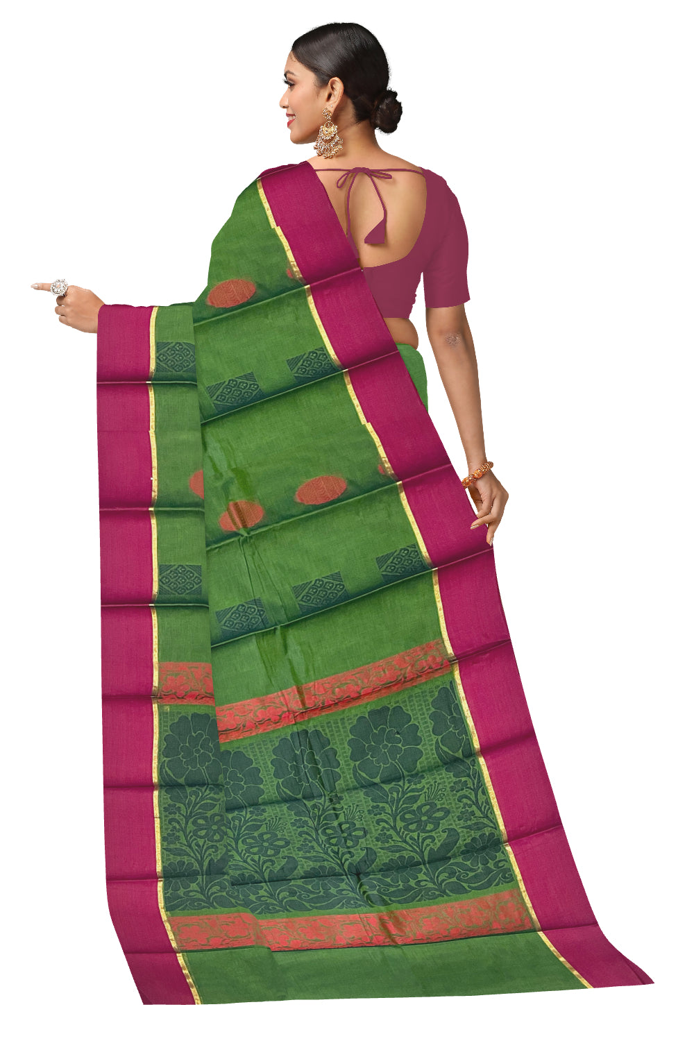 Southloom Cotton Green Saree with Woven Butta Works on Body and Pallu